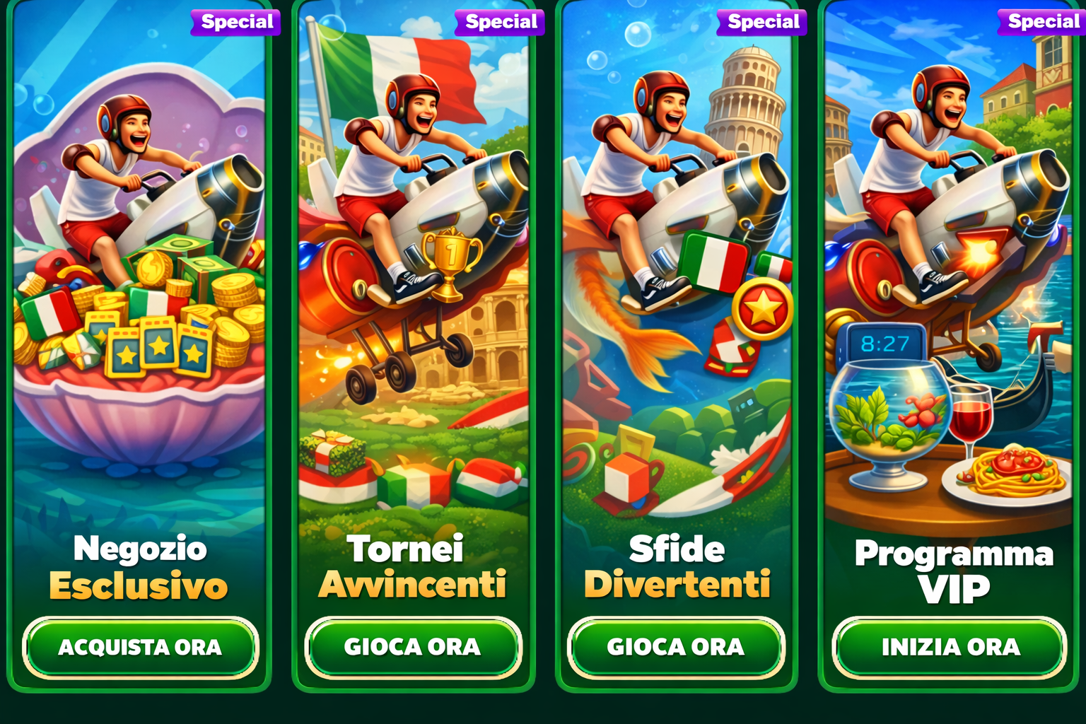 A selection of casino games, all designed in a consistent style, highlighting colorful themes and interactive features